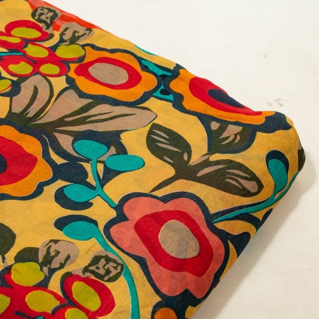 Yellow with Multi Color Mal Chanderi Printed Fabric
