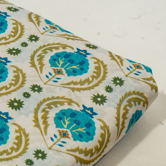 White Color Viscose Linen Digital Printed Fabric