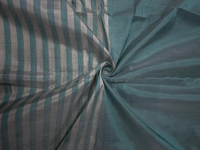 Sea Green & Gold Silver Stripes Pure Silk Tissue Fabric