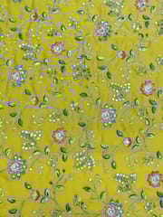 Yellow Georgette Fabric With Floral thread Embroidery