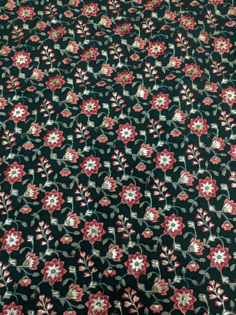 Bottle Green Georgette Fabric With Floral thread Embroidery