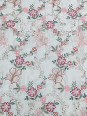 Off- White Satin Fabric With Multi Colour Embroidery