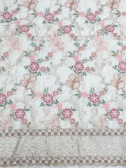 Off- White Satin Fabric With Multi Colour Embroidery