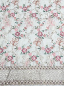 Off- White Satin Fabric With Multi Colour Embroidery