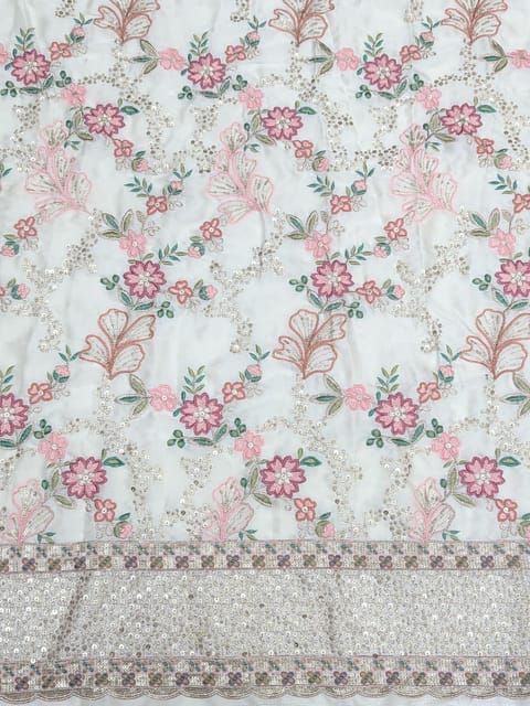 Off- White Satin Fabric With Multi Colour Embroidery