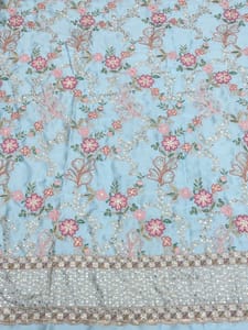 Sky- Blue Satin Fabric With Multi Colour Embroidery