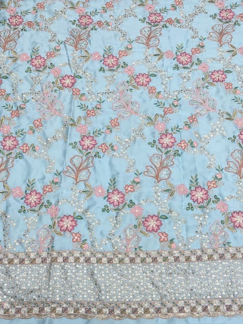 Sky- Blue Satin Fabric With Multi Colour Embroidery