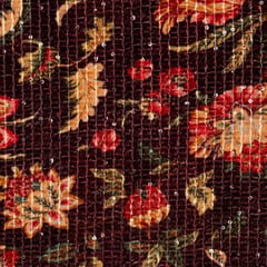 Wine Color Velvet Print with Sequins Embroidered Fabric