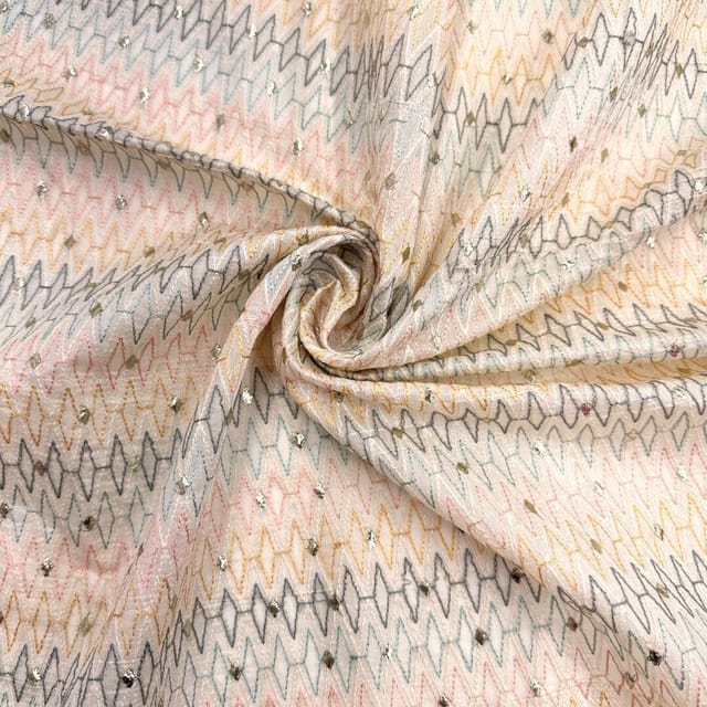 Cream Colour Chanderi Zigzag Embroidered Fabric