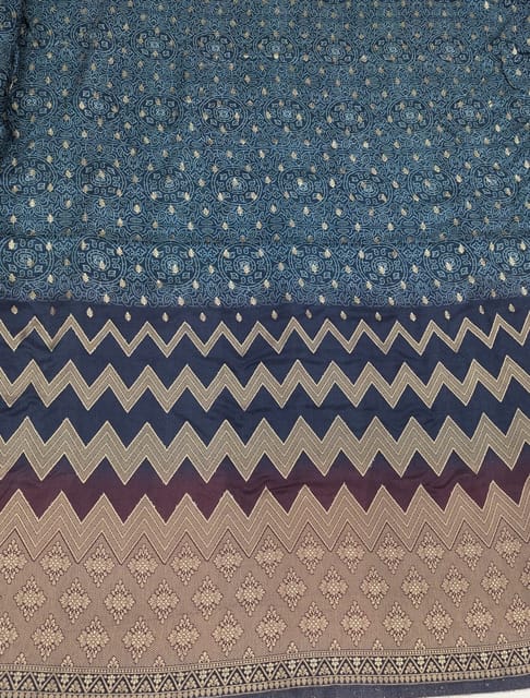 Teal Colour Dola Silk Jacquard Positioned Printed Fabric