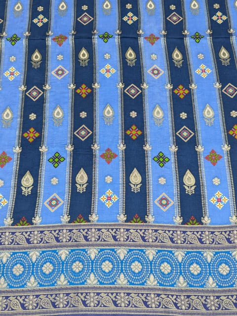 Royal Blue Colour Dola Silk Jacquard Positioned Printed Fabric