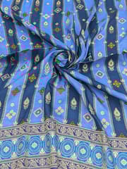 Royal Blue Colour Dola Silk Jacquard Positioned Printed Fabric