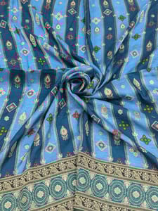 Blue Colour Dola Silk Jacquard Positioned Printed Fabric