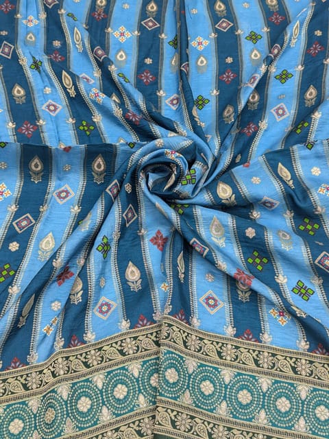 Blue Colour Dola Silk Jacquard Positioned Printed Fabric