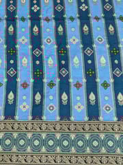 Blue Colour Dola Silk Jacquard Positioned Printed Fabric