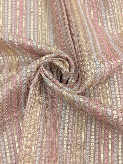 Dusty Pink Linen Fabric With Multi Colour Embroidery