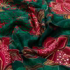 Green Colour Organza Printed Fabric with Embroidered Fabric