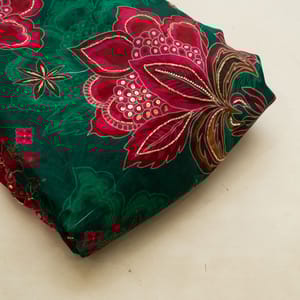 Green Colour Organza Printed Fabric with Embroidered Fabric