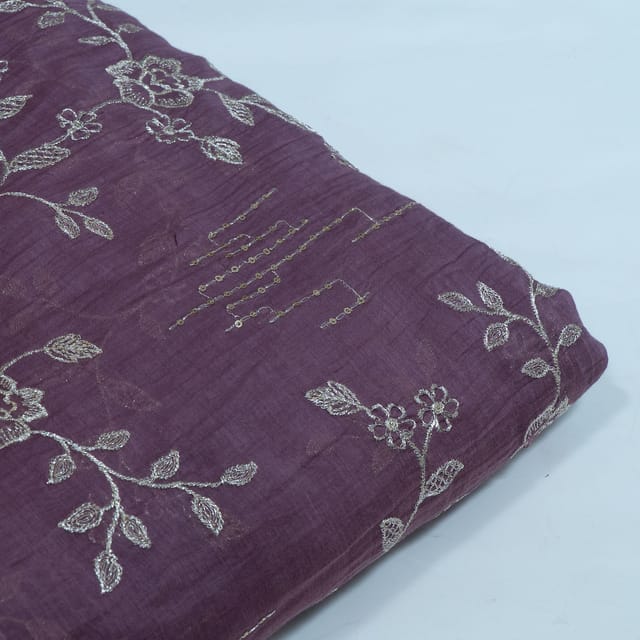 Purple Color Chanderi Embroidered Fabric