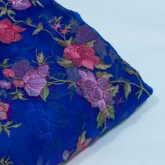 Blue Color Pure Organza Embroidered Fabric