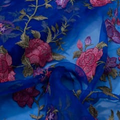 Blue Color Pure Organza Embroidered Fabric