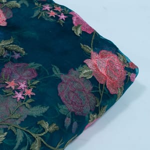 Bottle Green Color Pure Organza Embroidered Fabric