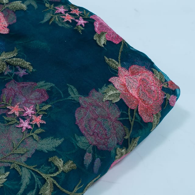 Bottle Green Color Pure Organza Embroidered Fabric