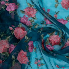 Bottle Green Color Pure Organza Embroidered Fabric