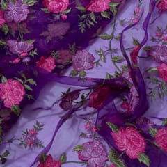 Purple Color Pure Organza Embroidered Fabric