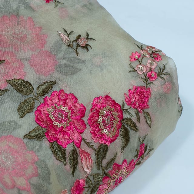 Beige Color Pure Organza Embroidered Fabric