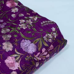 Purple Color Raw Silk Embroidered Fabric