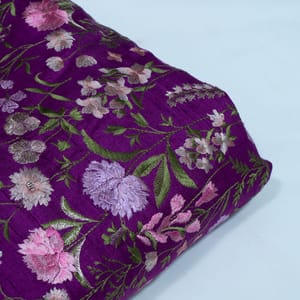 Purple Color Raw Silk Embroidered Fabric