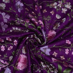 Purple Color Raw Silk Embroidered Fabric