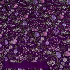 Purple Color Raw Silk Embroidered Fabric
