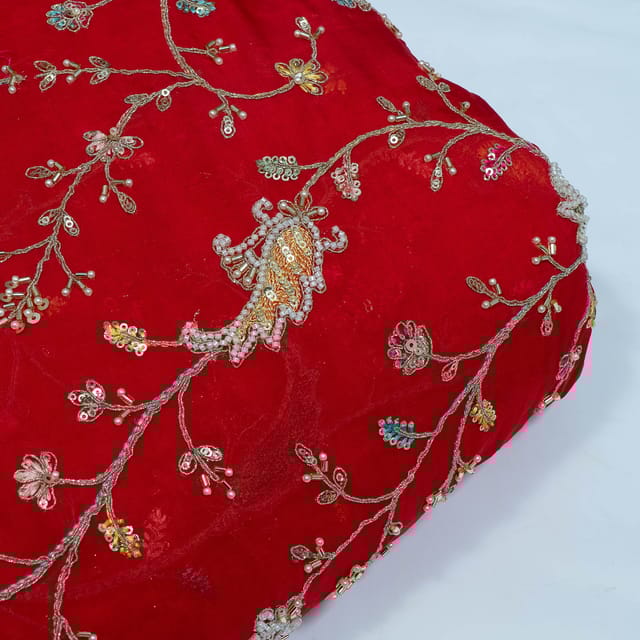 Red Color Georgette Organza Embroidered Fabric