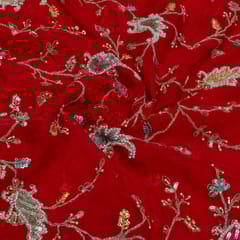 Red Color Georgette Organza Embroidered Fabric