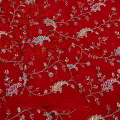 Red Color Georgette Organza Embroidered Fabric