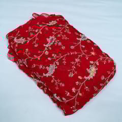 Red Color Georgette Organza Embroidered Fabric