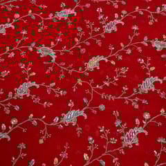 Red Color Georgette Organza Embroidered Fabric