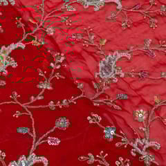 Red Color Georgette Organza Embroidered Fabric