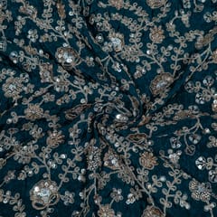 Peacock Green Color Crepe Embroidered Fabric