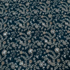 Peacock Green Color Crepe Embroidered Fabric