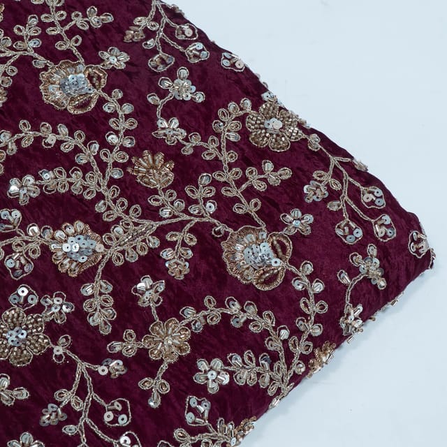 Wine Color Crepe Embroidered Fabric