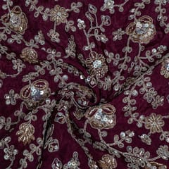 Wine Color Crepe Embroidered Fabric
