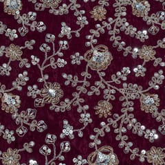 Wine Color Crepe Embroidered Fabric