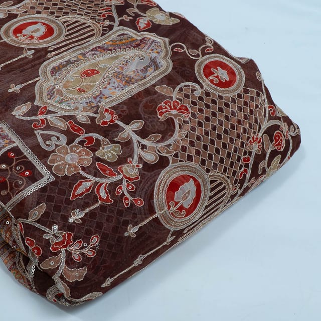 Brown Color Georgette Embroidered Fabric