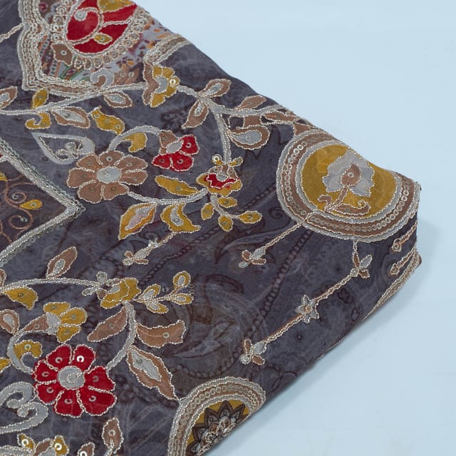 Grey Color Georgette Embroidered Fabric