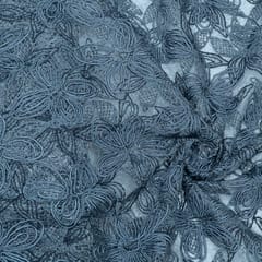 Grey Color Imported Net Embroidered Fabric
