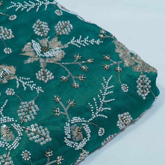 Green Color Tissue Crepe Embroidered Fabric