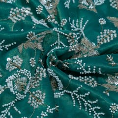 Green Color Tissue Crepe Embroidered Fabric